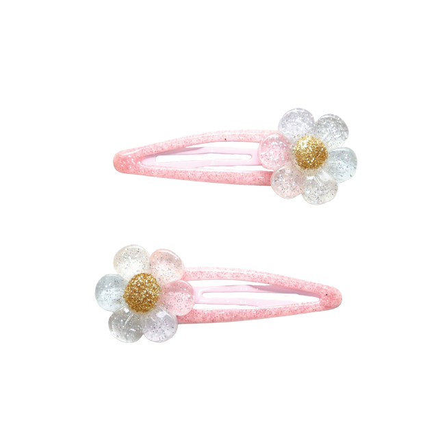 Duo de barrettes marguerites Daisies Yuko B. sur sa carte beige et or