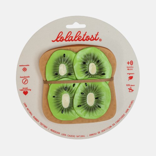 Bébé jouant avec l'anneau de dentition tartine au kiwi Lolaletost