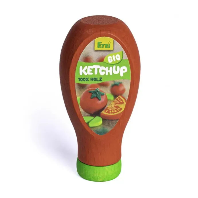 Flacon de ketchup en bois Erzi, bouchon vert et étiquette bio