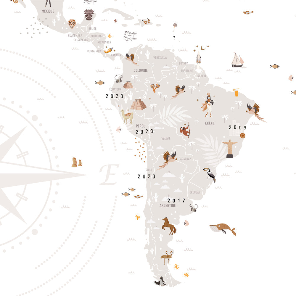 Carte du monde à dater au tampon, vue d'ensemble