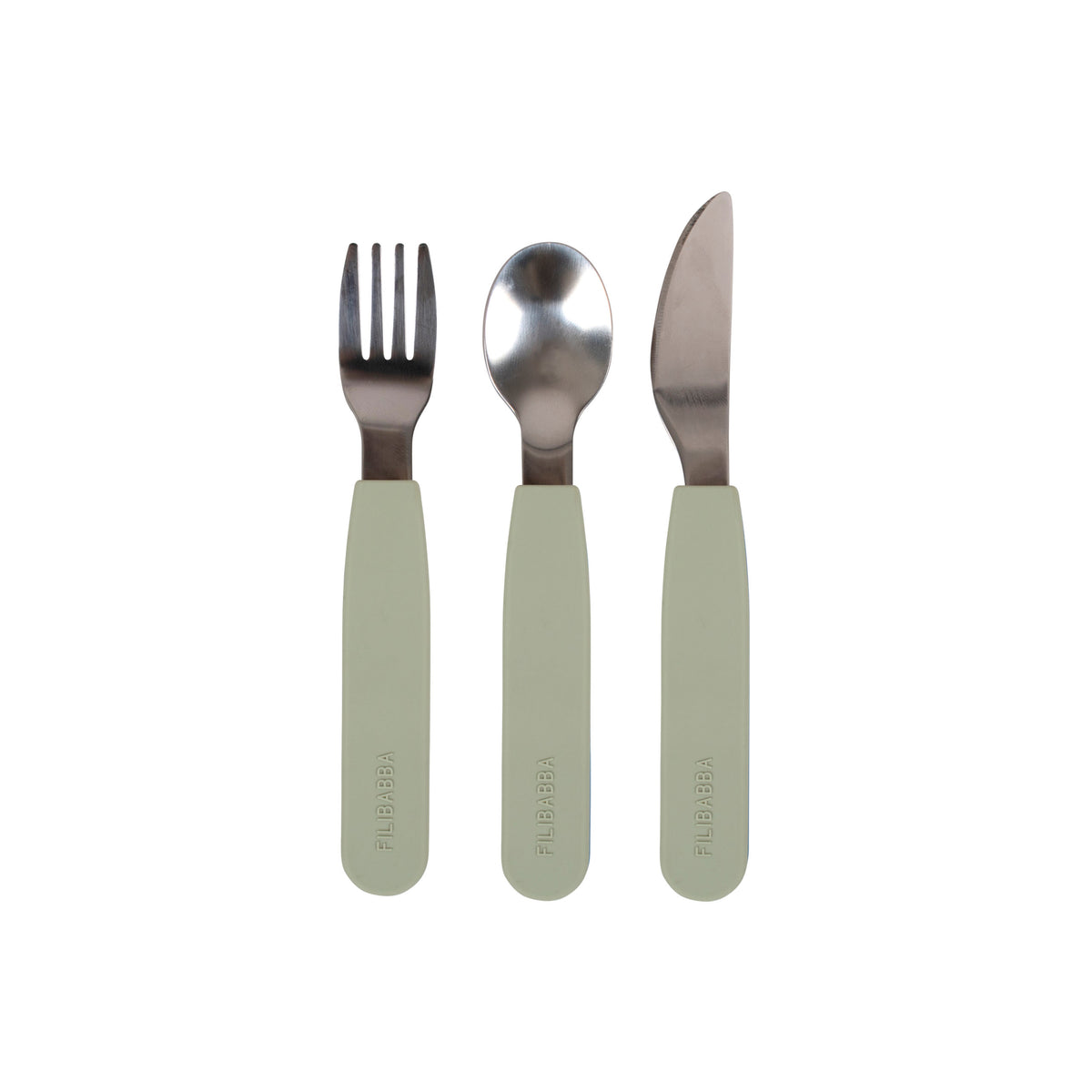 Set de couverts enfant Filibabba en inox et silicone vert avec fourchette, cuillère et couteau