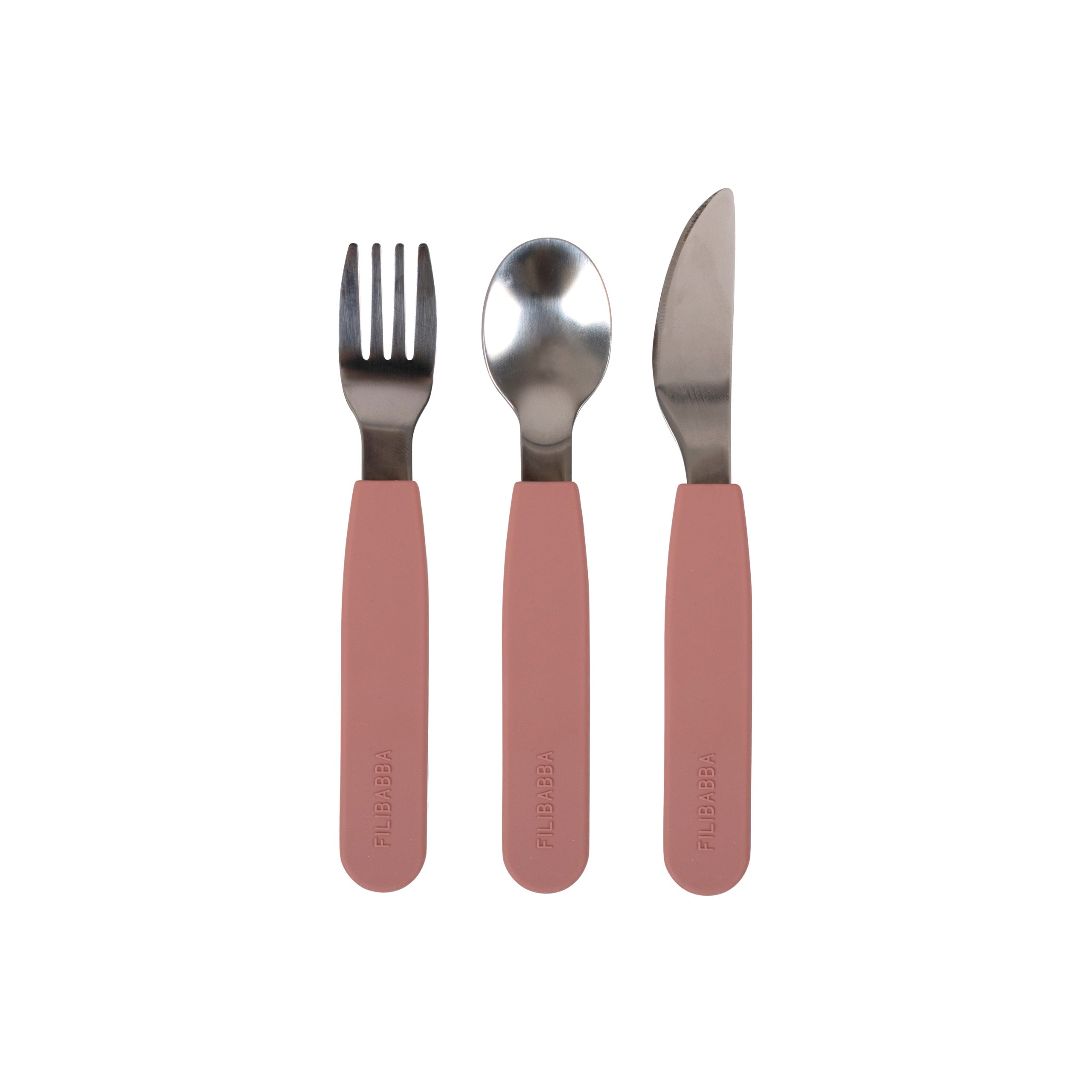 Set de couverts enfant Filibabba en inox et silicone rose avec cuillère, fourchette et couteau