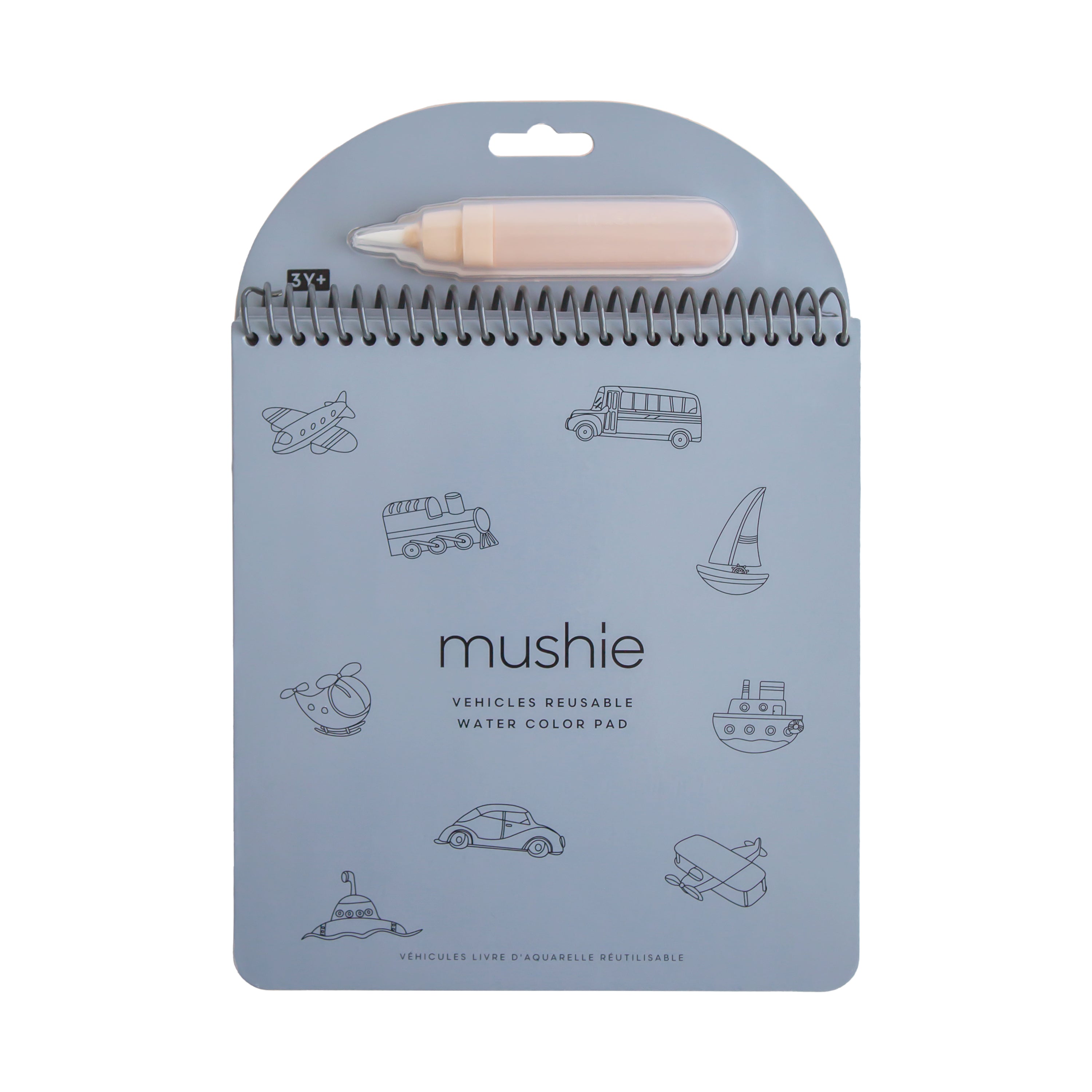 Bloc d'aquarelle réutilisable Mushie Vehicles avec son pinceau à eau