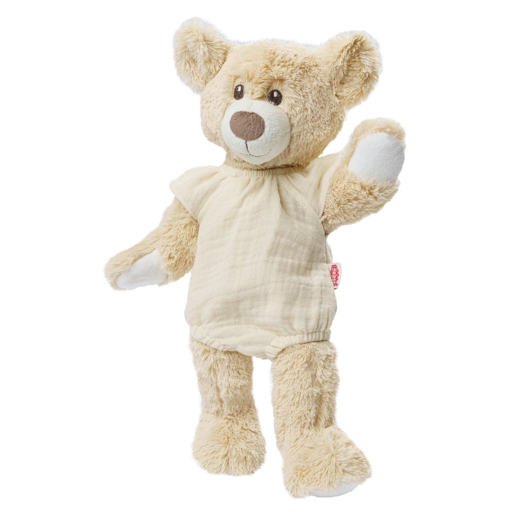 Ours en peluche portant le body en mousseline bio Heless