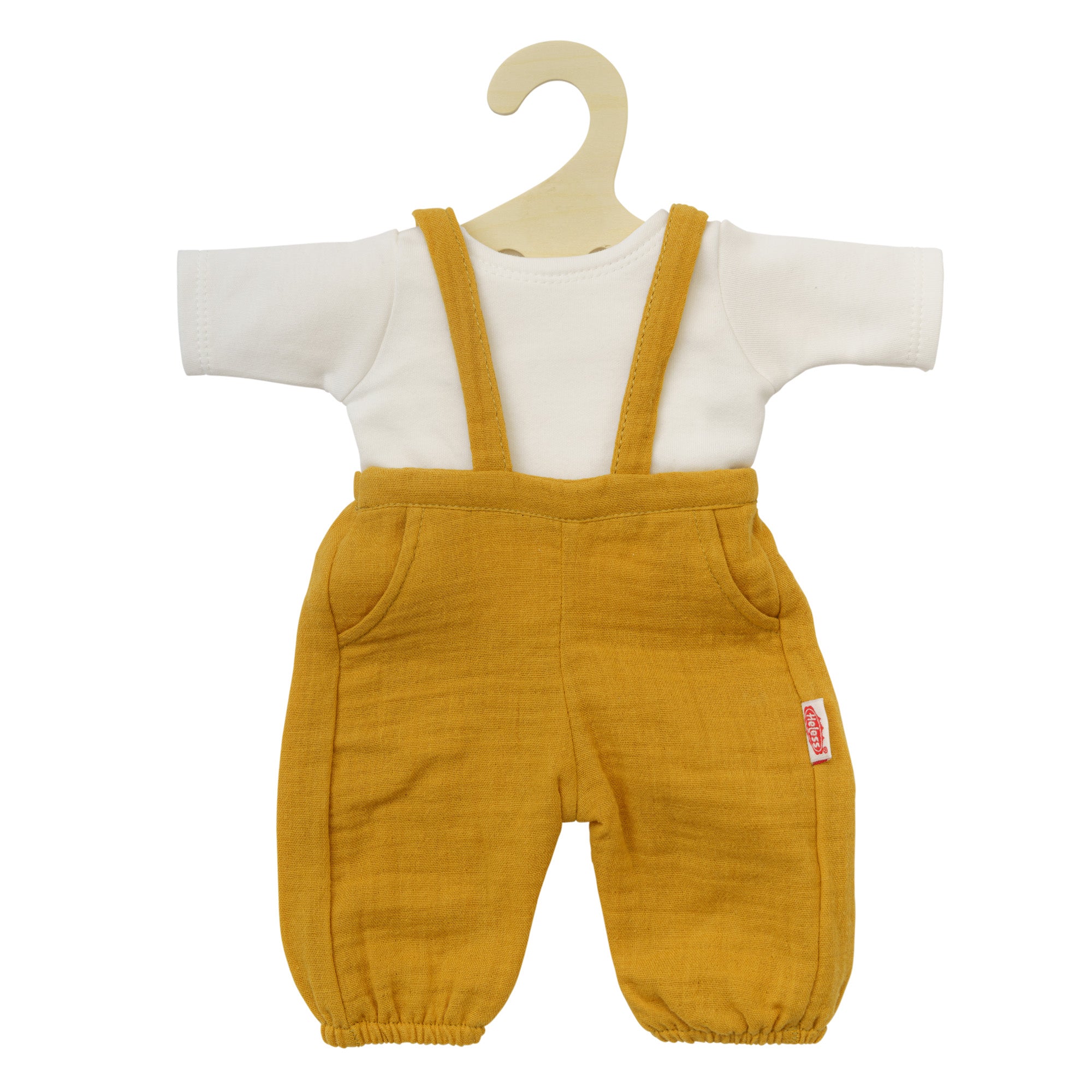 Salopette en mousseline bio jaune miel avec t-shirt blanc Heless