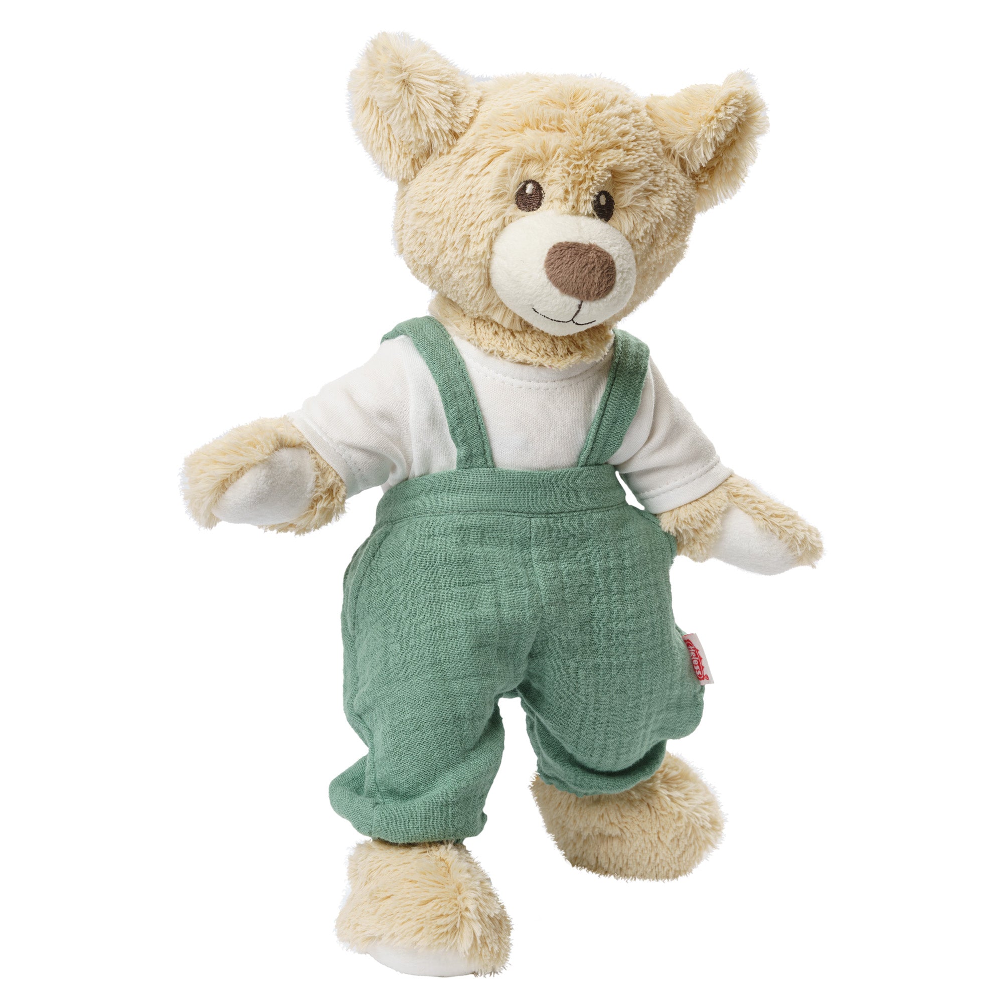 Ours en peluche portant la salopette vert sauge Heless