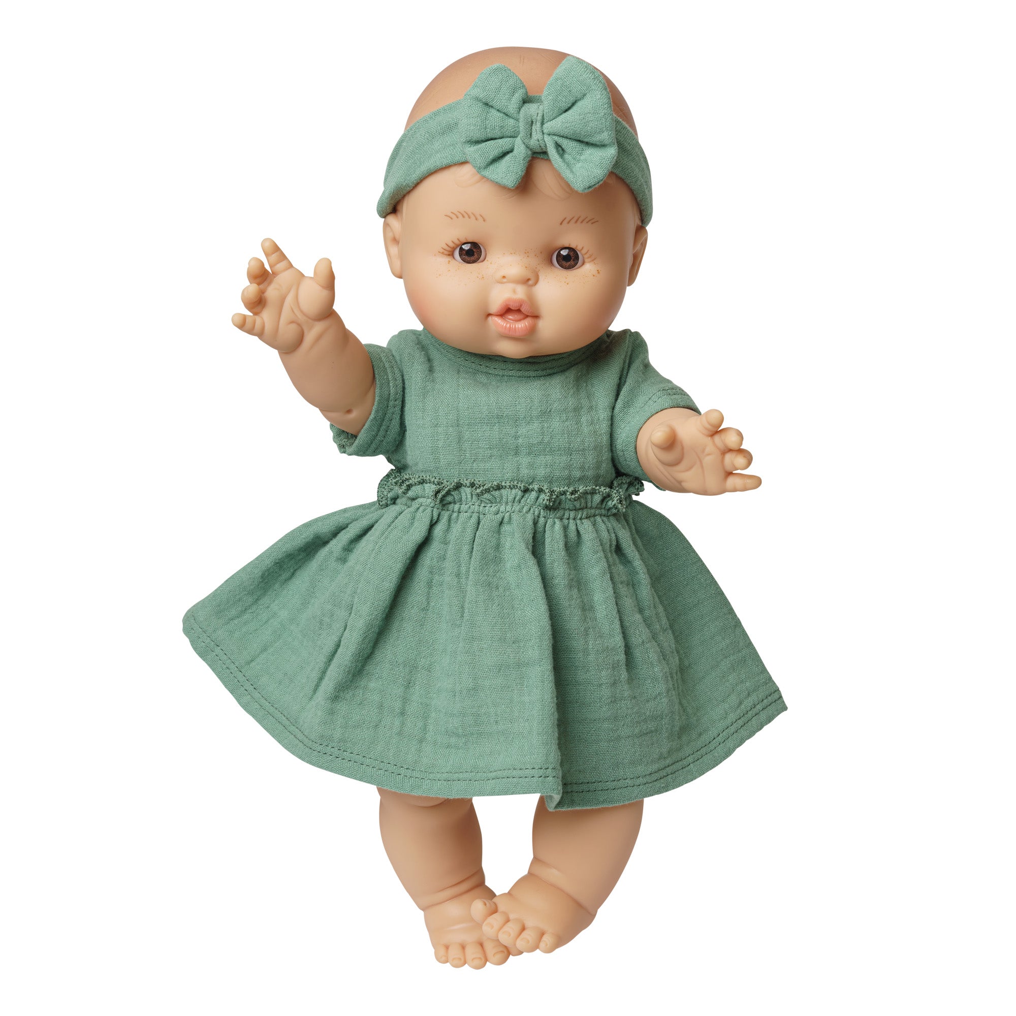Ours en peluche portant la robe vert sauge Heless