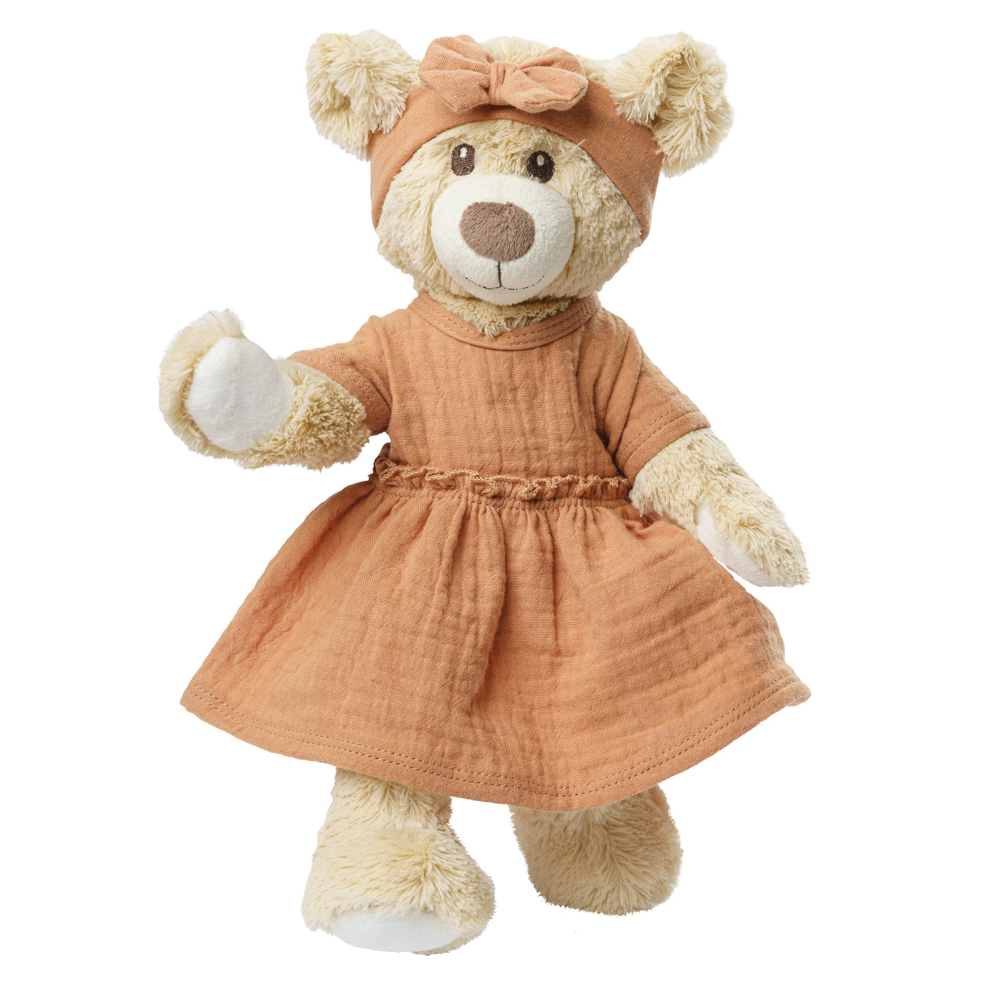 Ours en peluche portant la robe caramel Heless