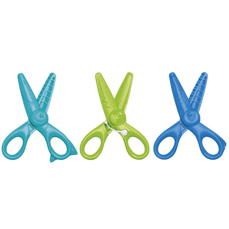 Les 3 ciseaux enfant Janod ouverts, lames en fibre de verre