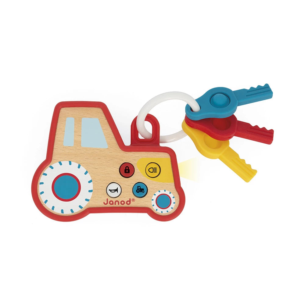 Porte-clés tracteur sonore et lumineux Janod en bois pour enfant dès 18 mois