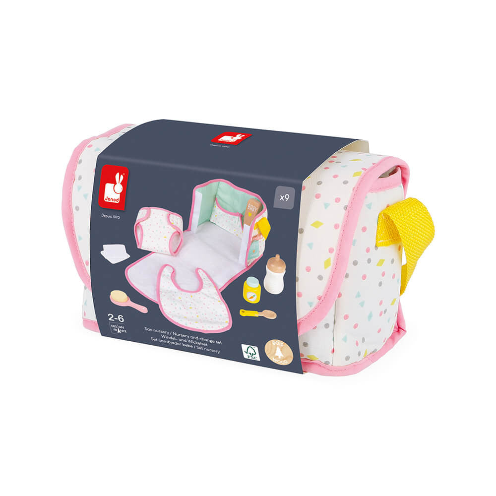 Vue d'ensemble du sac à langer Nursery Janod et ses accessoires