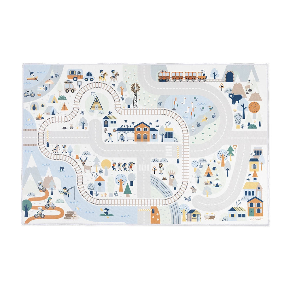 Tapis de jeu La Vallée Blanche Cross Roads Janod avec circuit et voie ferrée