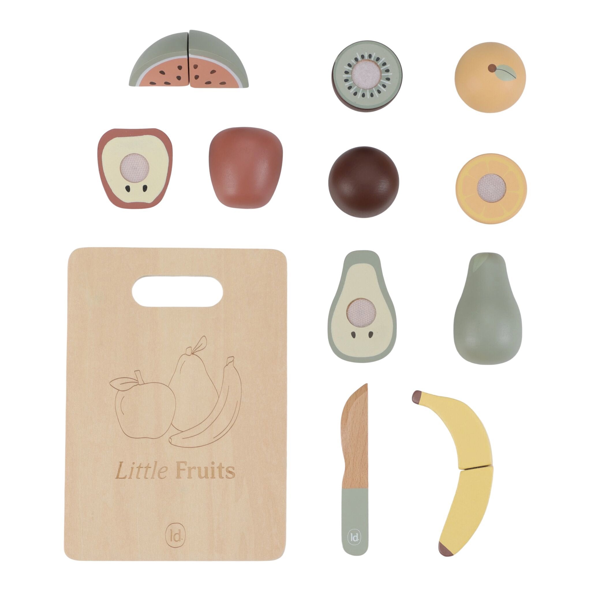 Enfant découpant les fruits en bois Little Dutch