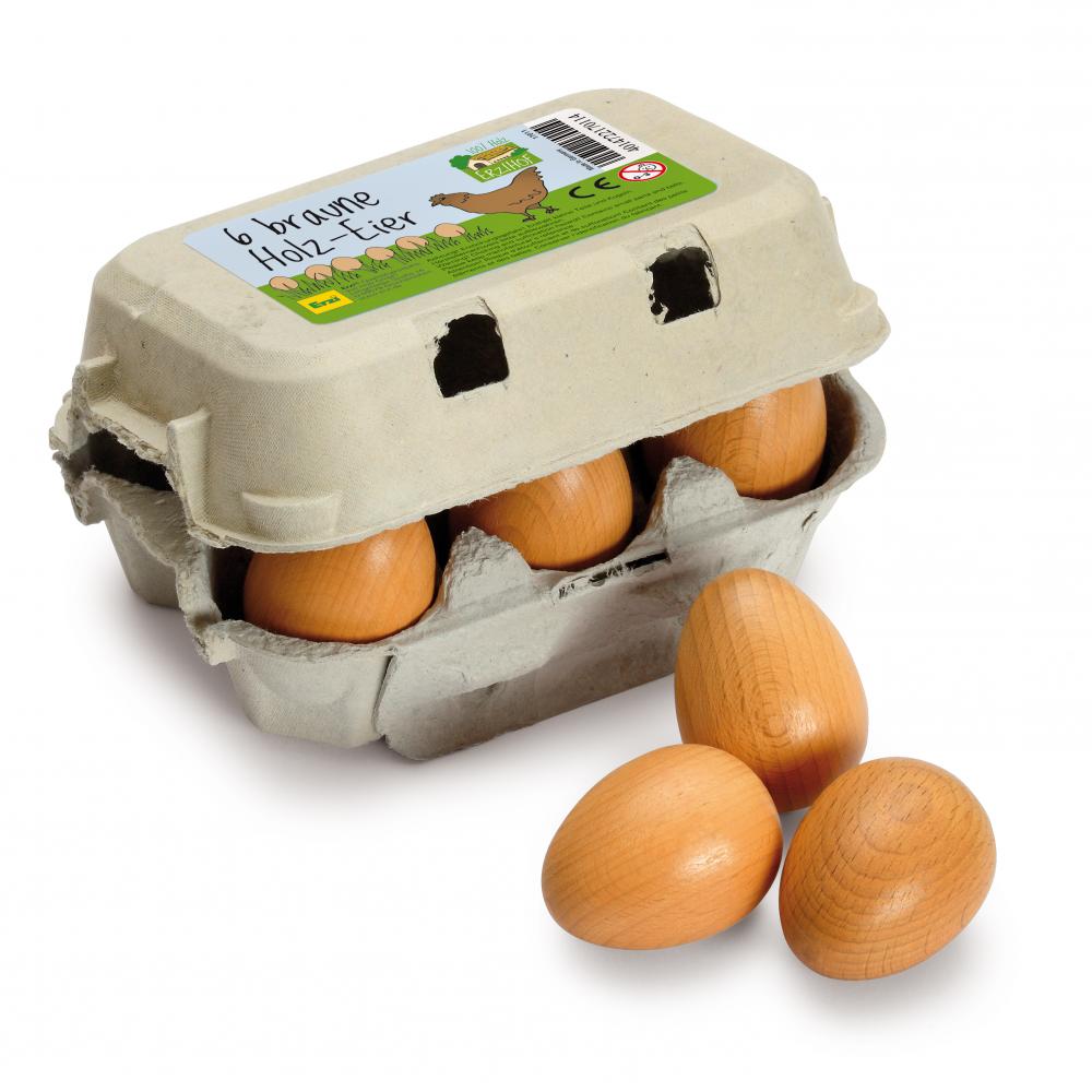 Boîte de six œufs bruns en bois Erzi pour dinette
