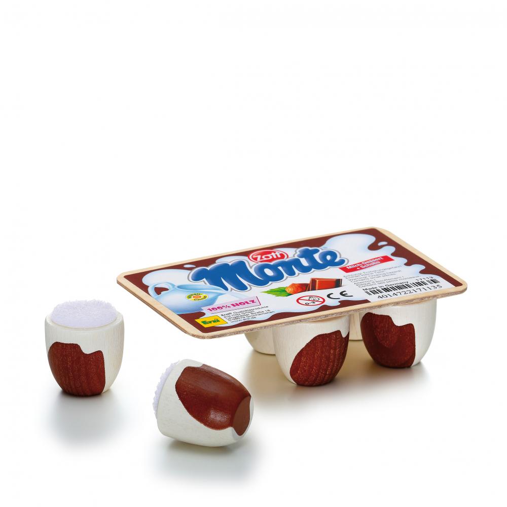 Six pots de dessert au chocolat en bois Erzi détachables au velcro