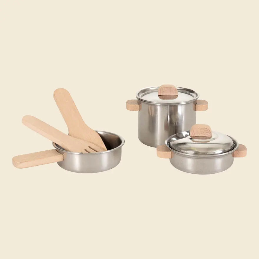 Coffret de casseroles en inox à manches en bois