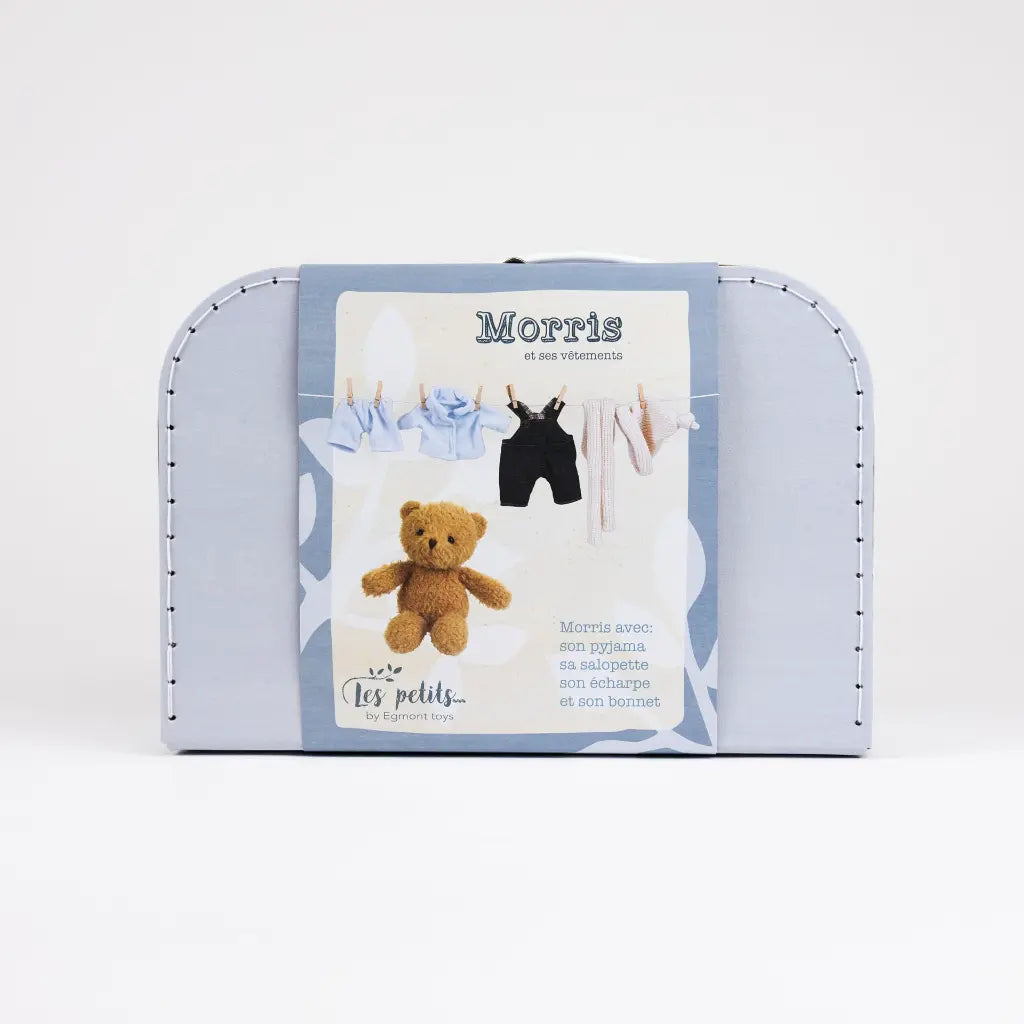 Morris l'ours avec vêtements dans une valise