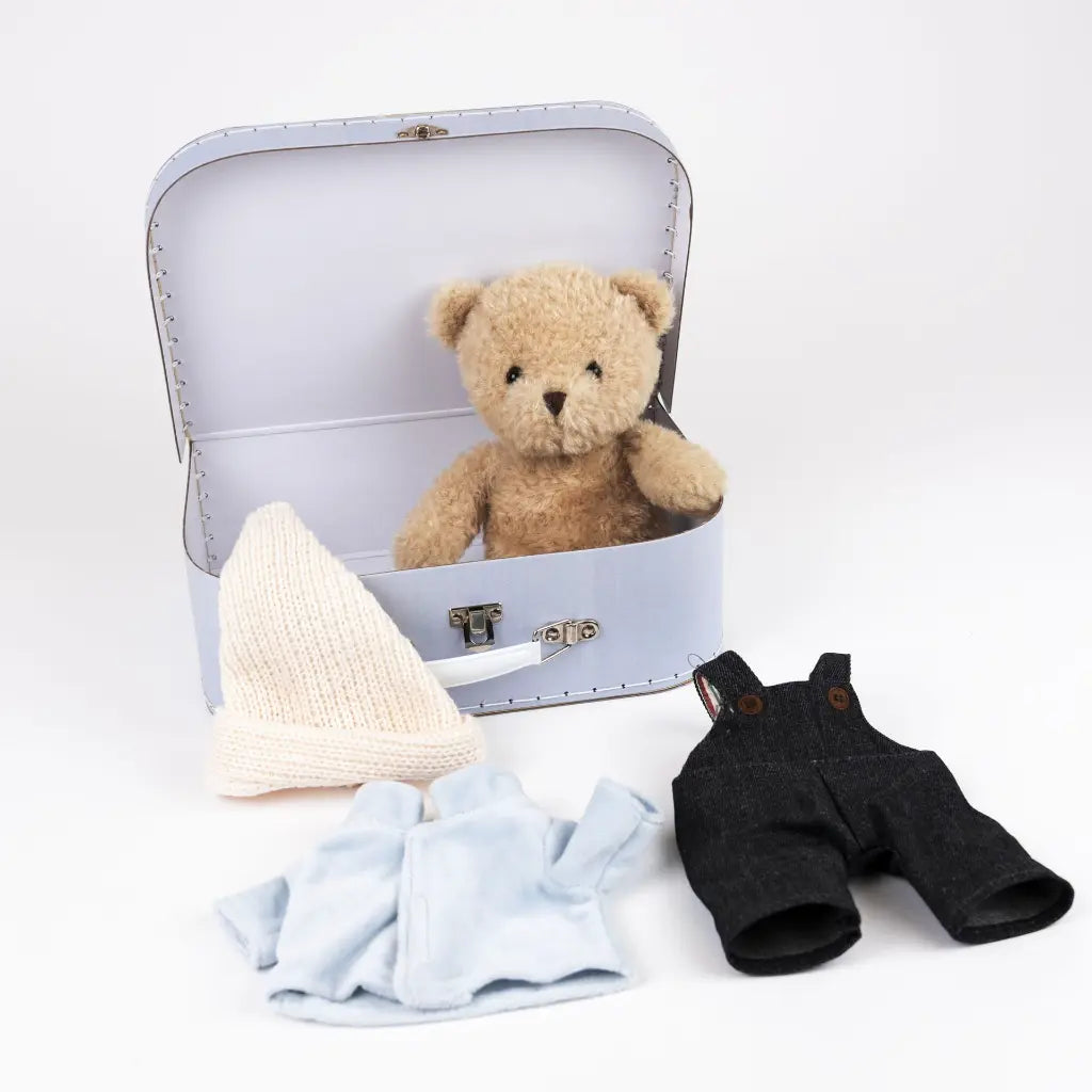 Morris l'ours avec vêtements dans une valise