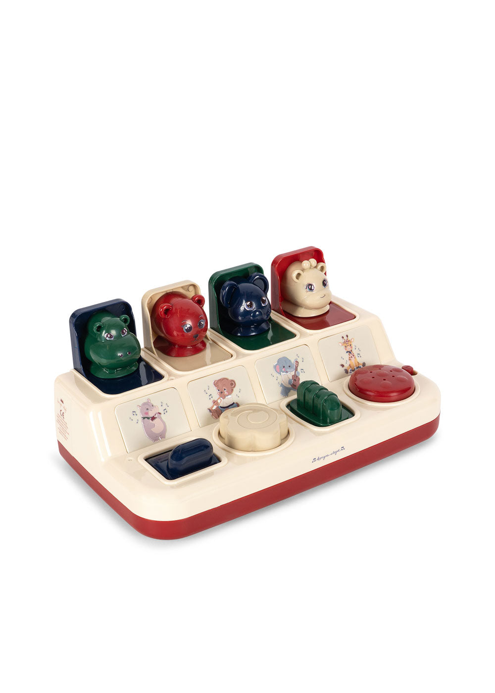 Tableau musical Pop Up Konges Sløjd crème et rouge avec ses quatre animaux, vue de face