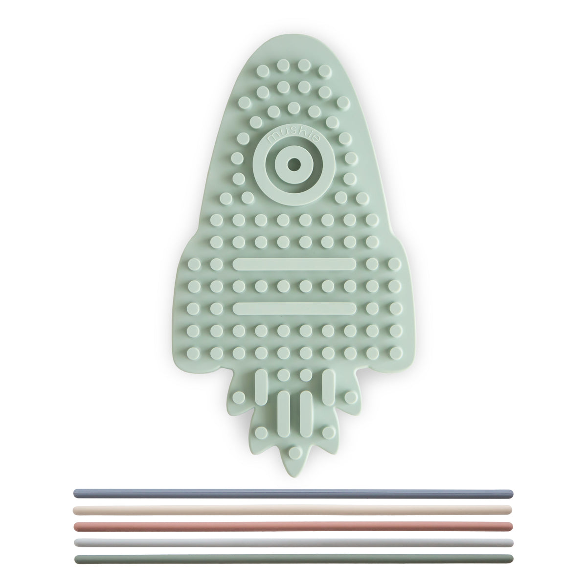 Jouet sensoriel en silicone Fusée Mushie, tapis vert d'eau et cordons colorés