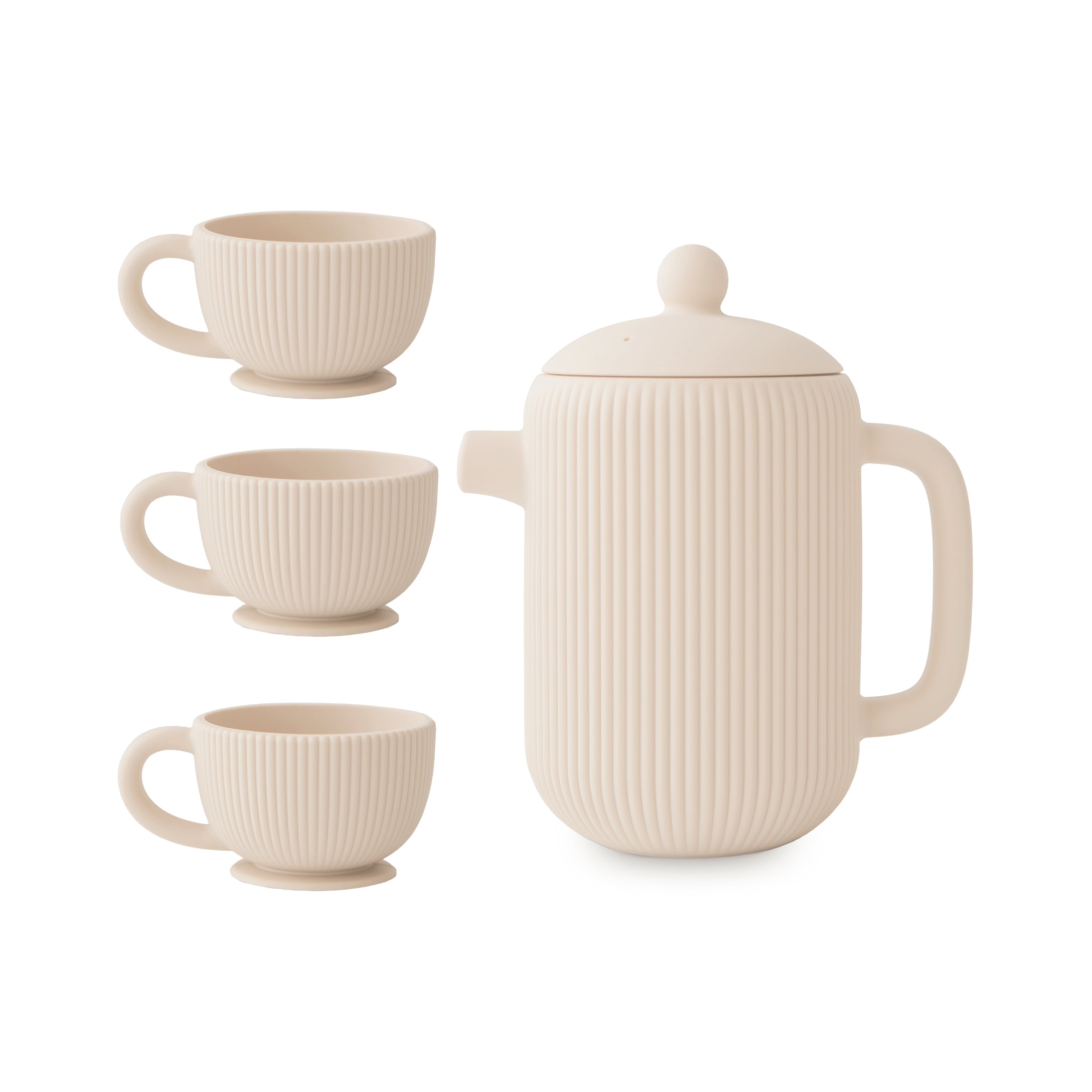 Dînette en silicone Mushie coloris Shifting Sand avec théière et trois tasses