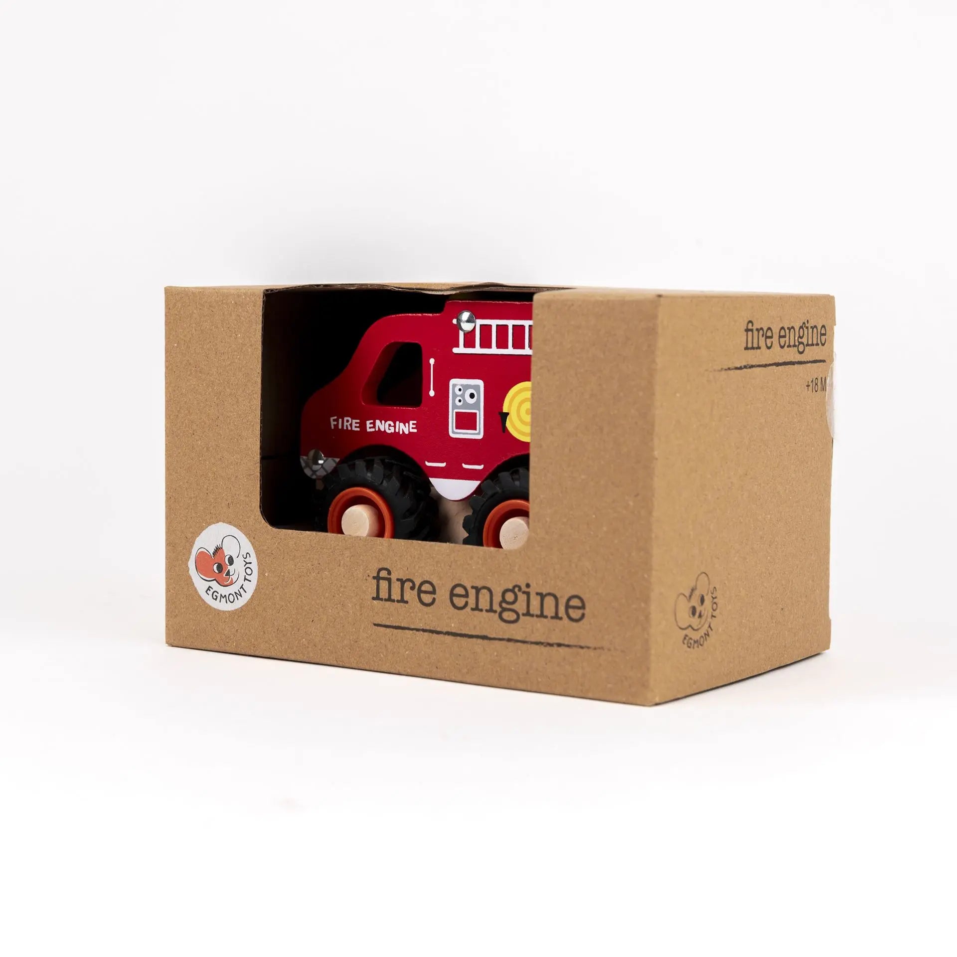 Camion de pompiers en bois vu de trois quarts