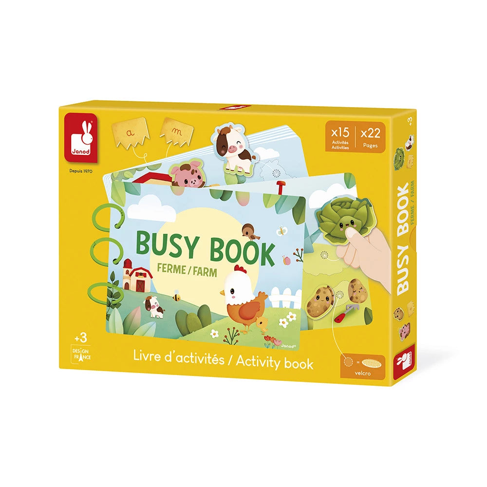 Boîte du Busy Book de la ferme Janod français anglais