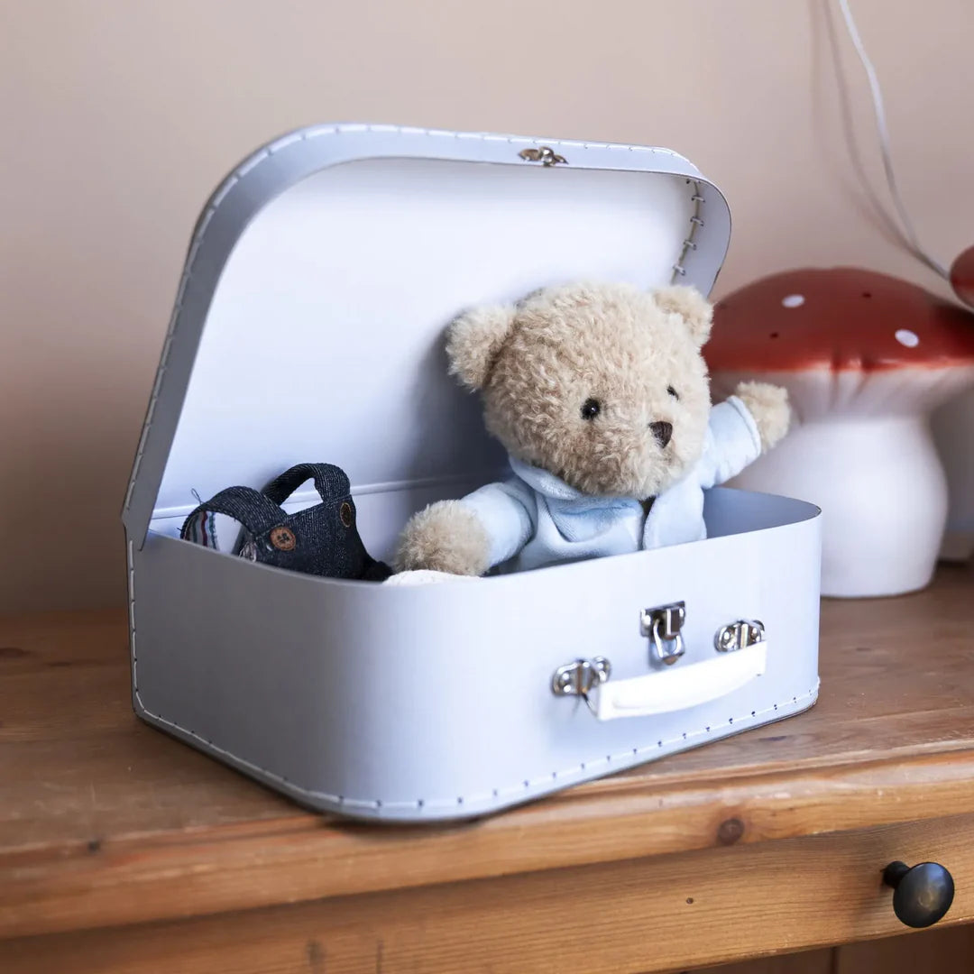 Morris l'ours avec vêtements dans une valise