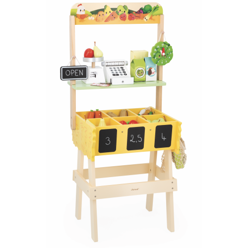 Marchande en bois Farm Market Janod avec ses 58 accessoires