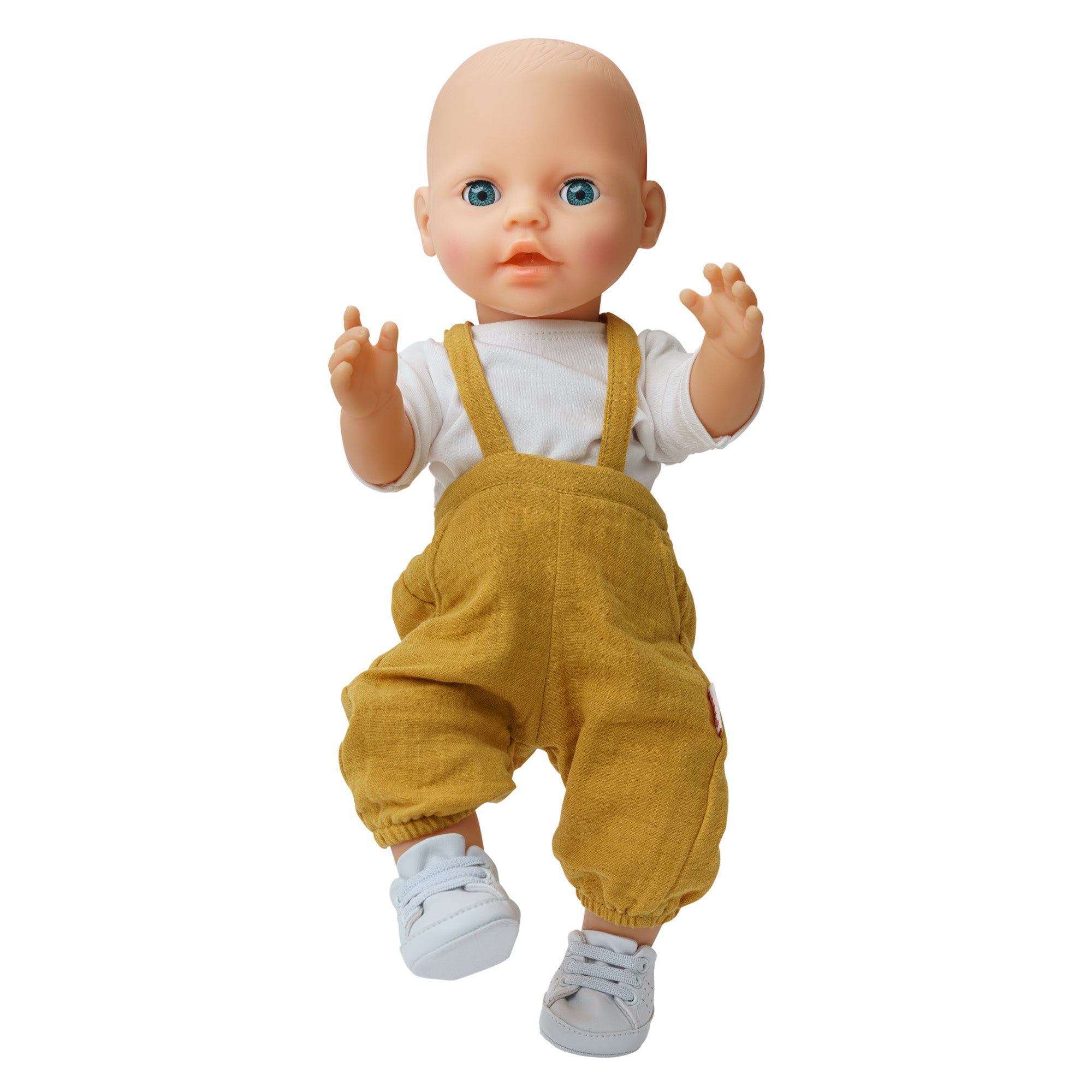 Ours en peluche portant la salopette jaune miel Heless