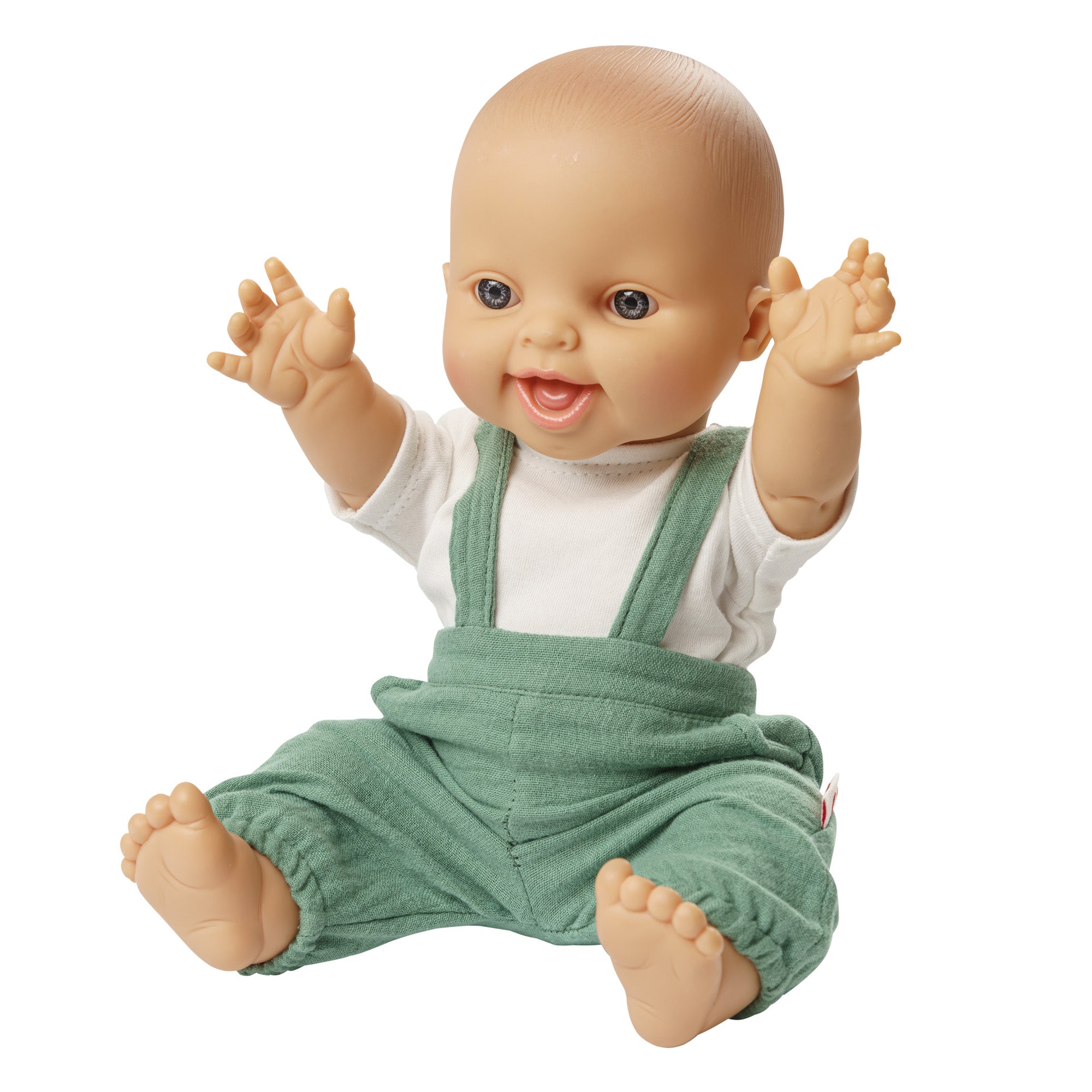 Poupon souriant en salopette de mousseline vert sauge
