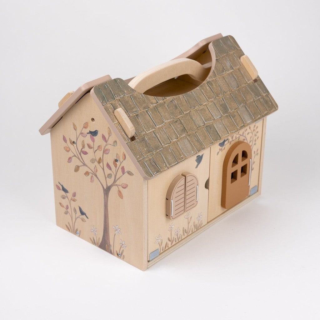 Maison de poupées en bois Egmont Toys fermée, avec poignée de transport et toit illustré
