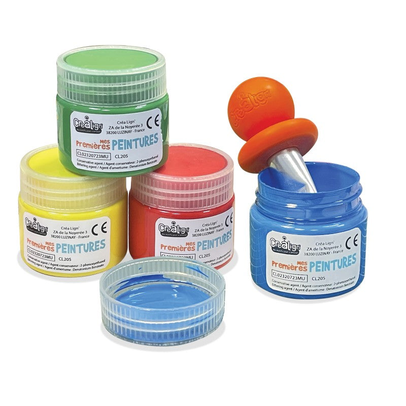 Pots de peinture rouge, vert, bleu et jaune Créalign dès 12 mois