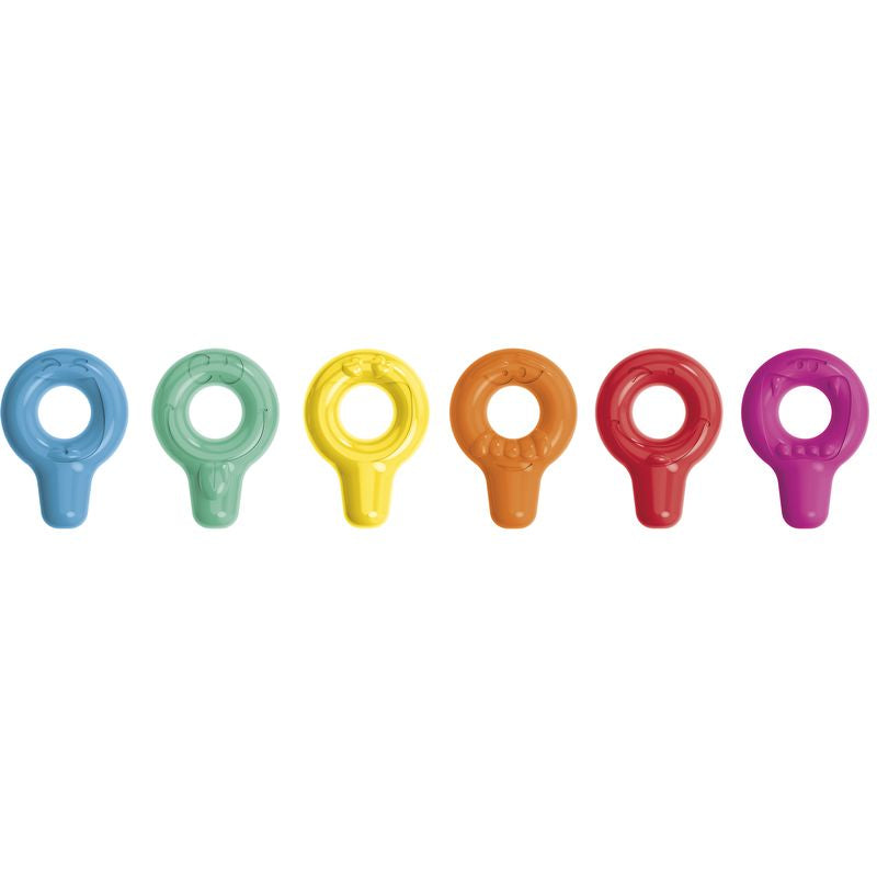 Les 6 crayons de cire Janod alignés : rouge, jaune, bleu, vert, orange et violet