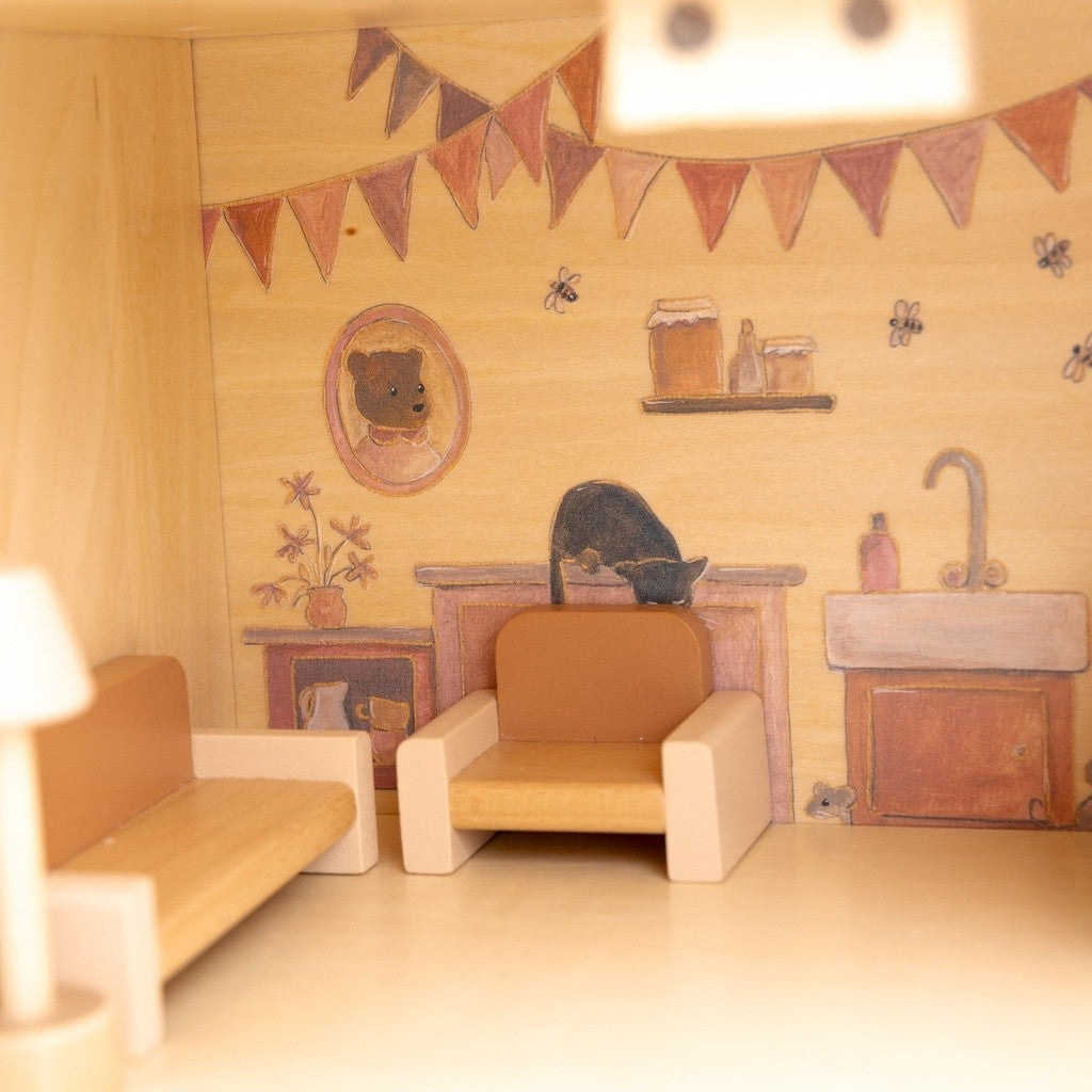 Salon de la maison de poupées Egmont avec canapé, fauteuil et lampadaire en bois