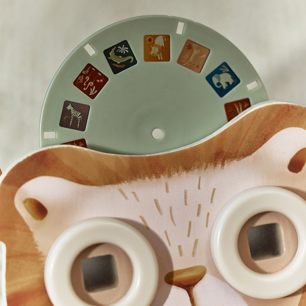 Visionneuse Lion et disques illustrés sur une table