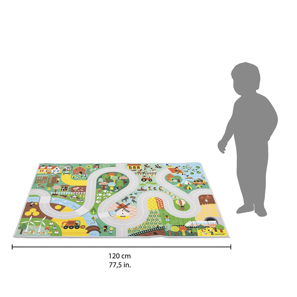 Détails de la ferme et des animaux sur le tapis de jeu Campagne