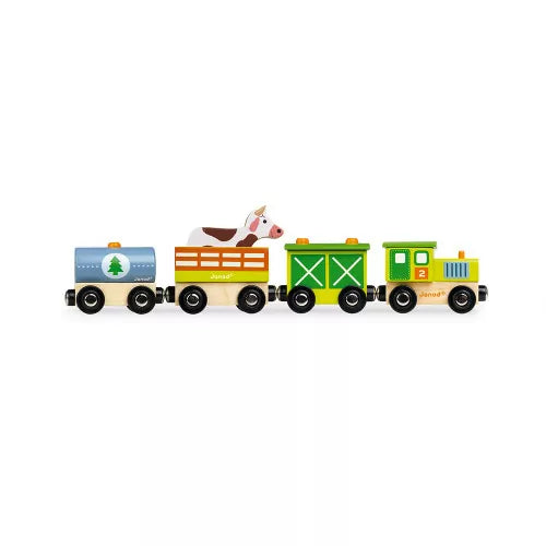 Train de la ferme en bois magnétique Janod Story avec locomotive, wagons et vache