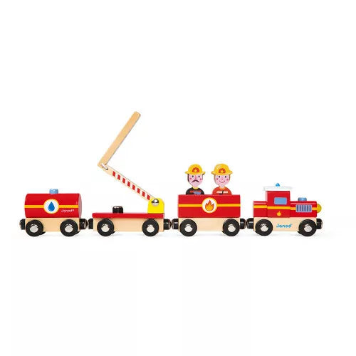 Train de pompiers en bois magnétique Janod Story avec 4 wagons et 2 pompiers