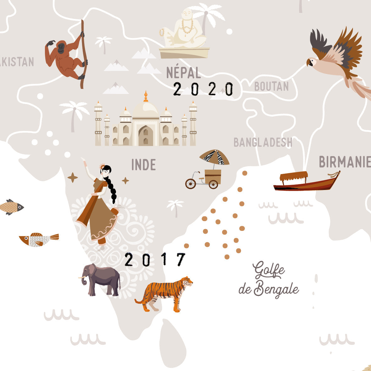 Zoom sur les animaux et monuments de la carte du monde