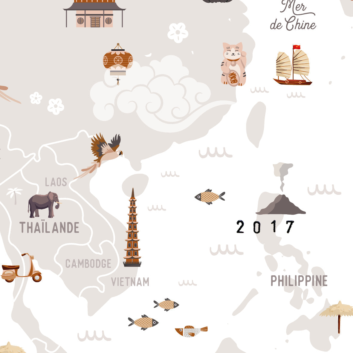 Détail des illustrations de la carte du monde à tamponner